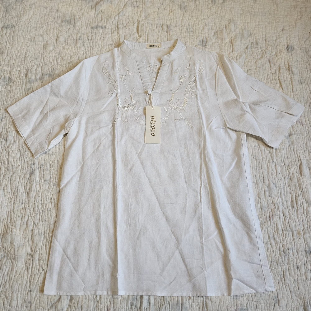 White Embroidered Linen Cotton Blend Men’s Boho Style Shirt NWT